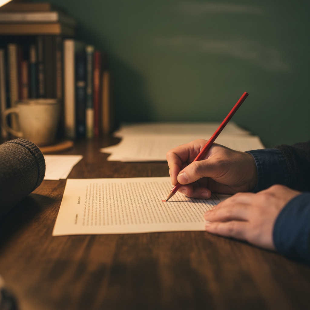 A hand marking a red-pencil correction on a printed page, no face visible.