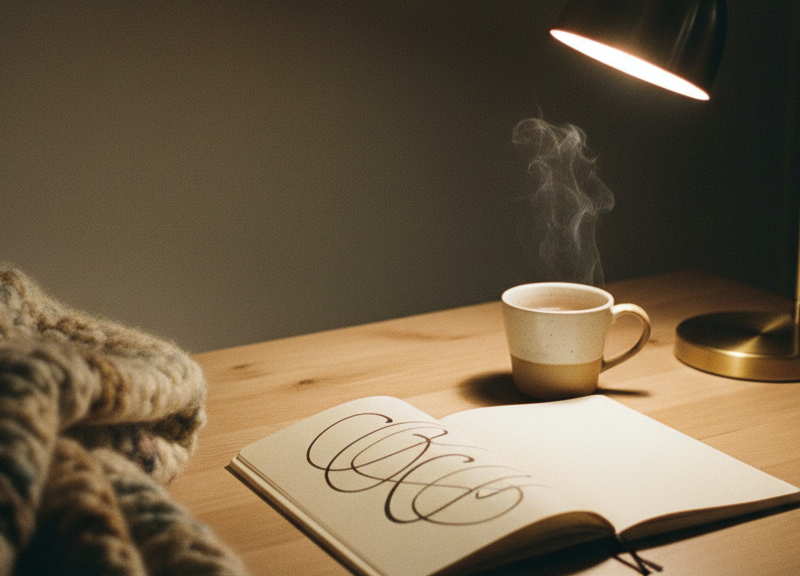 A cozy desk scene: a steaming mug beside an open notebook with soft rounded abstract doodle scribbles.