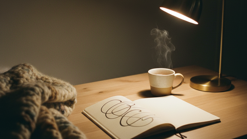 A cozy desk scene: a steaming mug beside an open notebook with soft rounded abstract doodle scribbles.