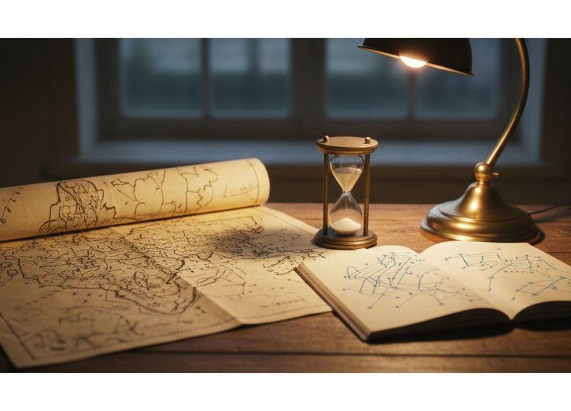 An antique paper map and a small hourglass on a desk beside an open parchment notebook.