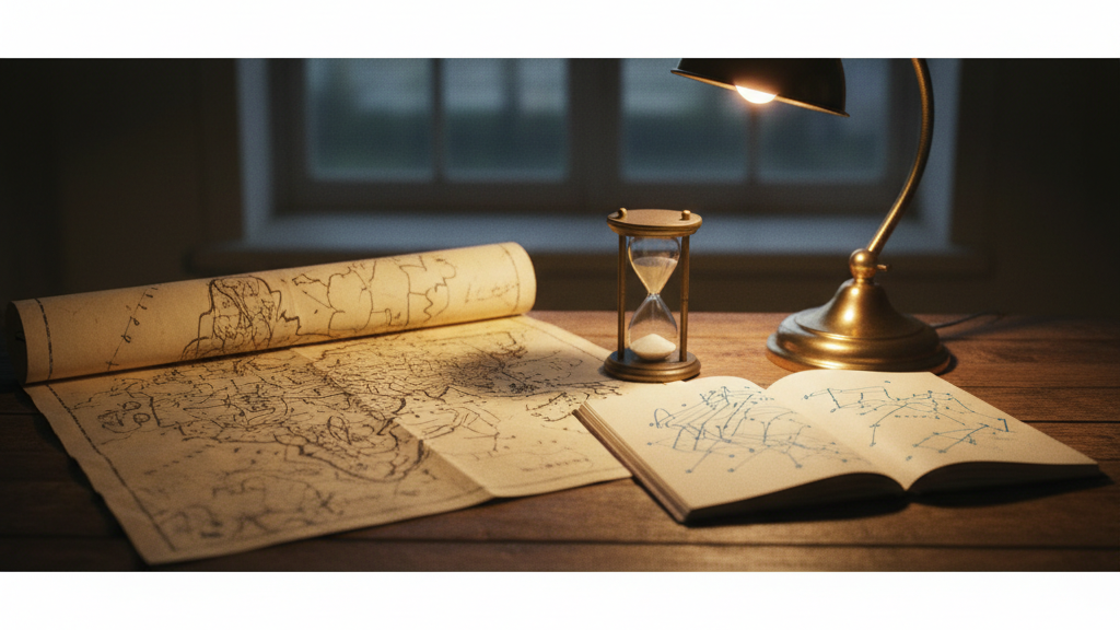 An antique paper map and a small hourglass on a desk beside an open parchment notebook.