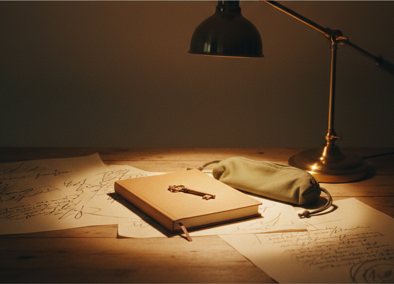 A student workbook closed on a desk with a small brass key resting on its cover beside a fabric pencil case.