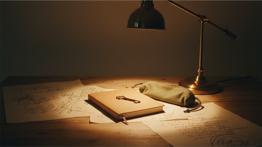 A student workbook closed on a desk with a small brass key resting on its cover beside a fabric pencil case.