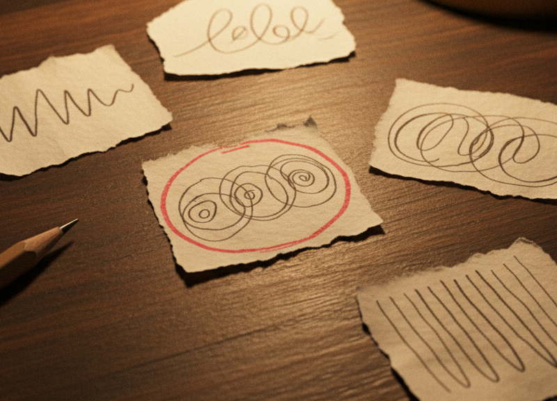 Five torn paper slips, each with a different handwritten scribble, one circled in red pencil.