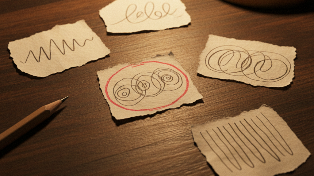 Five torn paper slips, each with a different handwritten scribble, one circled in red pencil.