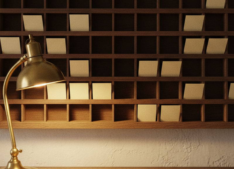 A factory time-punch card rack on a wall in warm light.