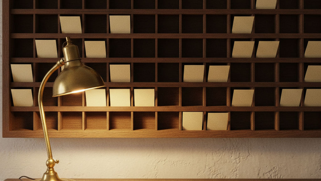 A factory time-punch card rack on a wall in warm light.