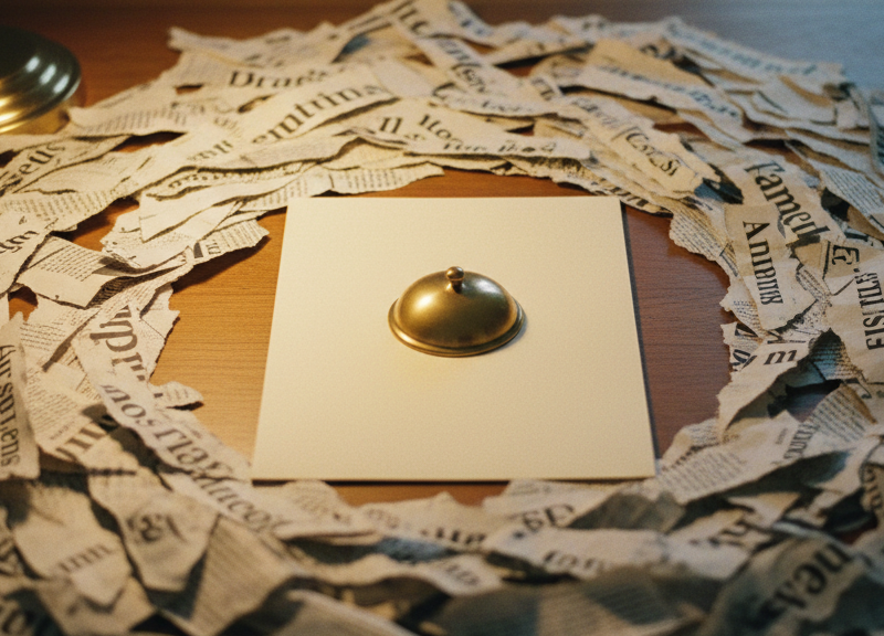 A desk strewn with torn scraps of newsprint texture swirling toward the edges.