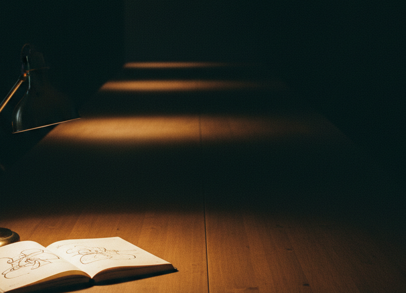 One small pool of desk-lamp light on a single open workbook at the corner of a very long.