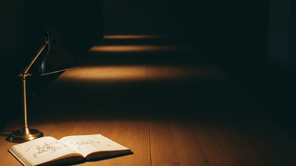 One small pool of desk-lamp light on a single open workbook at the corner of a very long.