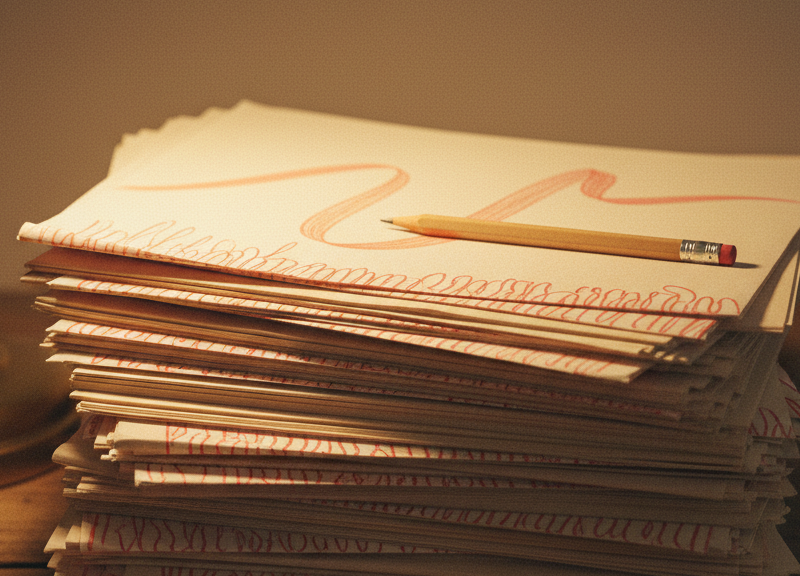 A tall stack of student essays with red pencil marks in every visible margin.