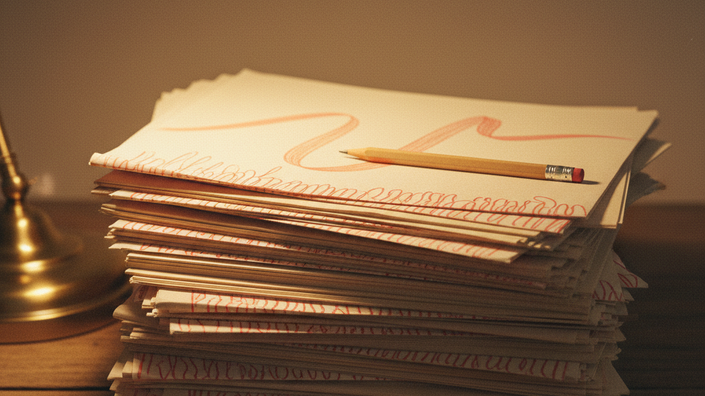 A tall stack of student essays with red pencil marks in every visible margin.