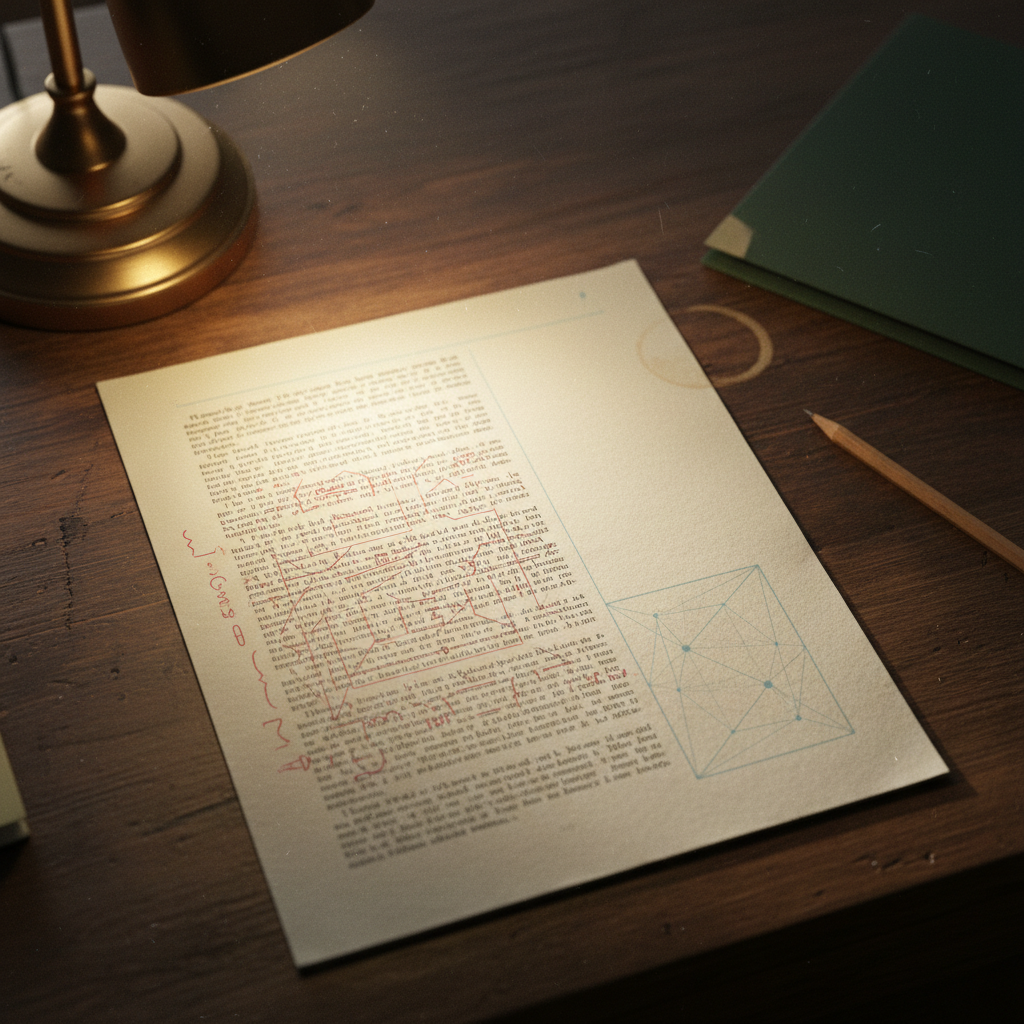 A teacher's annotated lesson plan on a lamplit desk, red-pencil marginalia beside faint geometric lines forming in the margin.