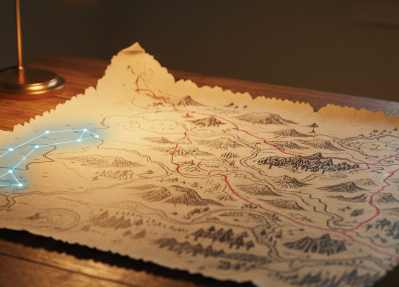 A hand-drawn paper map of an imaginary landscape spread on a desk.