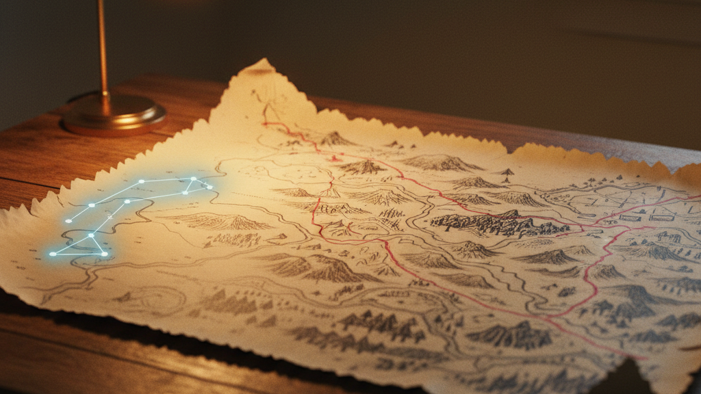 A hand-drawn paper map of an imaginary landscape spread on a desk.