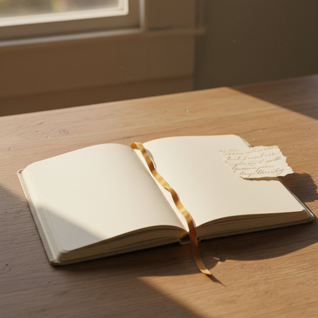 A handwritten note tucked into the corner of an open notebook on a sunlit desk.