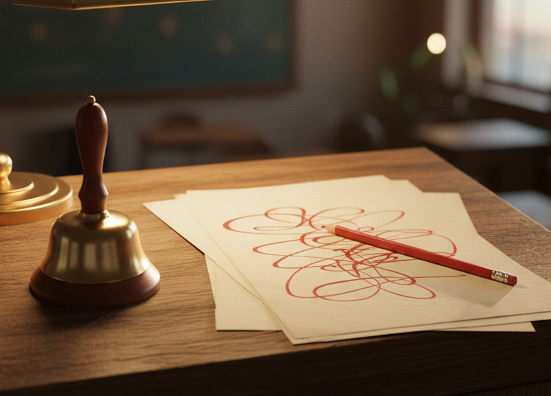 A teacher's wooden lectern top with a brass hand bell.