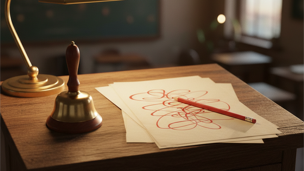 A teacher's wooden lectern top with a brass hand bell.