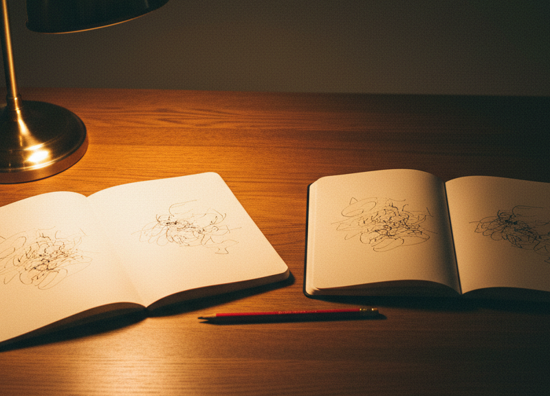 Two identical open notebooks side by side on one desk: one flooded in warm lamplight.