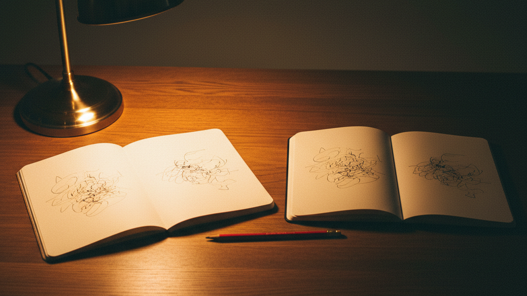 Two identical open notebooks side by side on one desk: one flooded in warm lamplight.