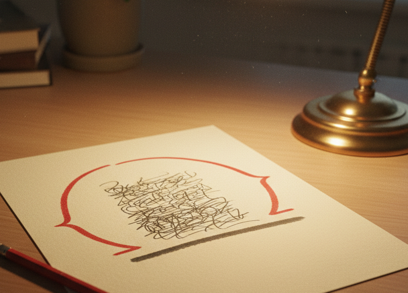 A printed page on a desk with one paragraph framed by a large emphatic red pencil bracket and a firm underline pressed deep into the paper.