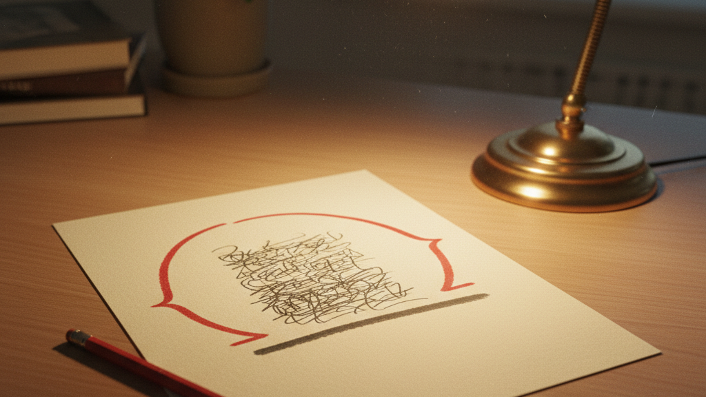 A printed page on a desk with one paragraph framed by a large emphatic red pencil bracket and a firm underline pressed deep into the paper.