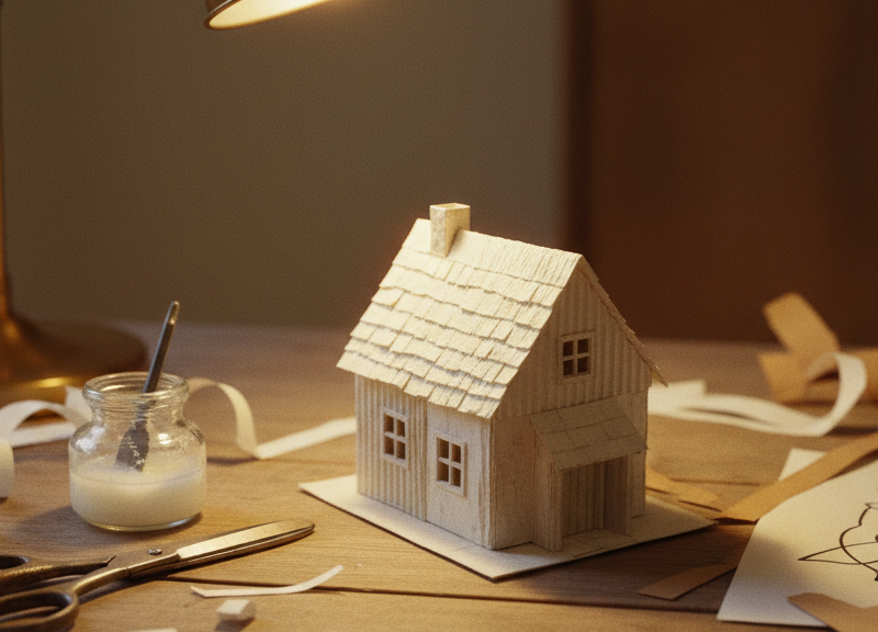 A hand-built paper model of a small building standing on a desk among scattered craft tools.