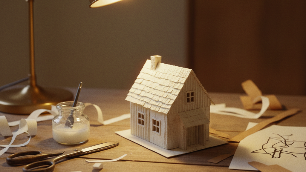 A hand-built paper model of a small building standing on a desk among scattered craft tools.