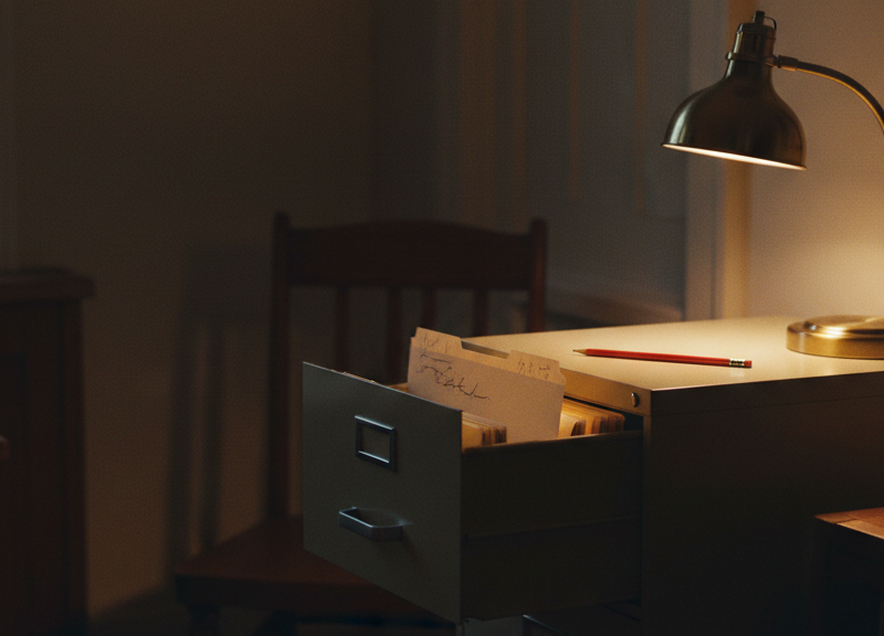 A metal file drawer slightly ajar in warm lamplight.