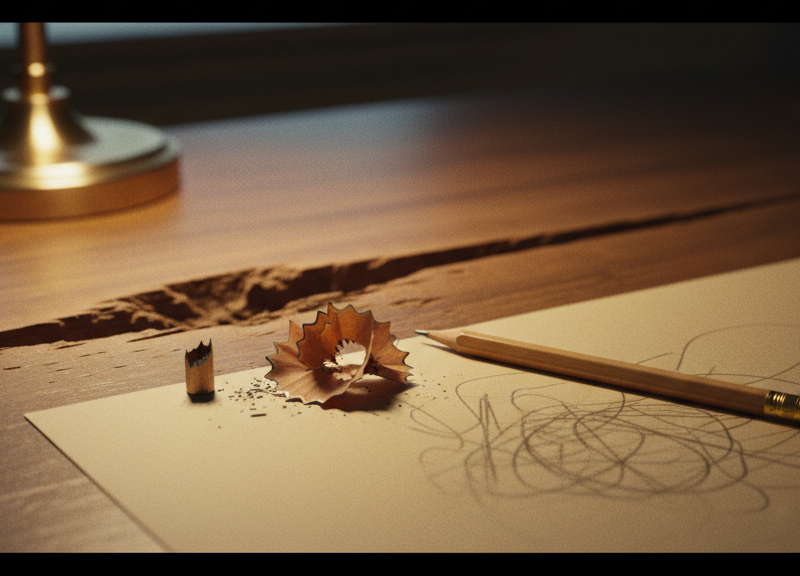 A worn groove pressed into a wooden desktop beside a pencil sharpened down to a stub.