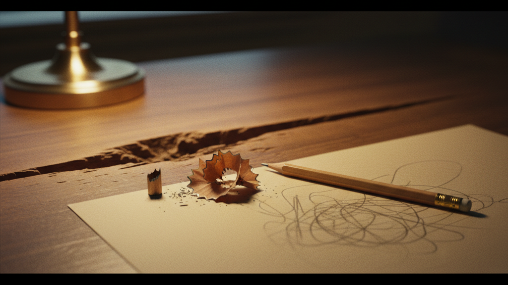 A worn groove pressed into a wooden desktop beside a pencil sharpened down to a stub.