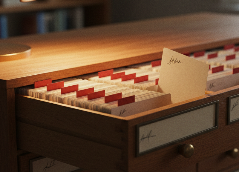 An open library card-catalog drawer in warm light.