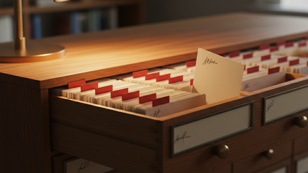 An open library card-catalog drawer in warm light.