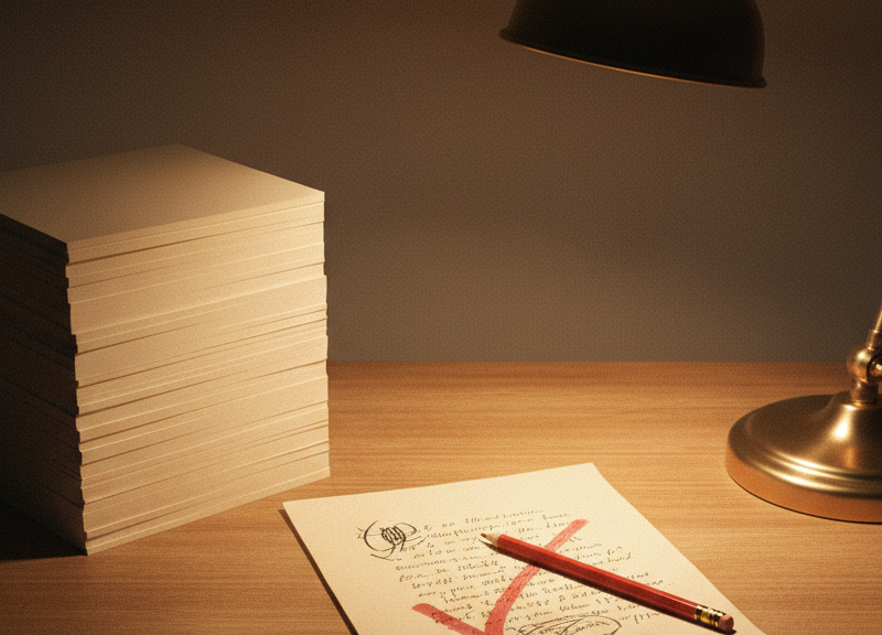 A crisp stack of identical printed sheets beside one imperfect handwritten page.