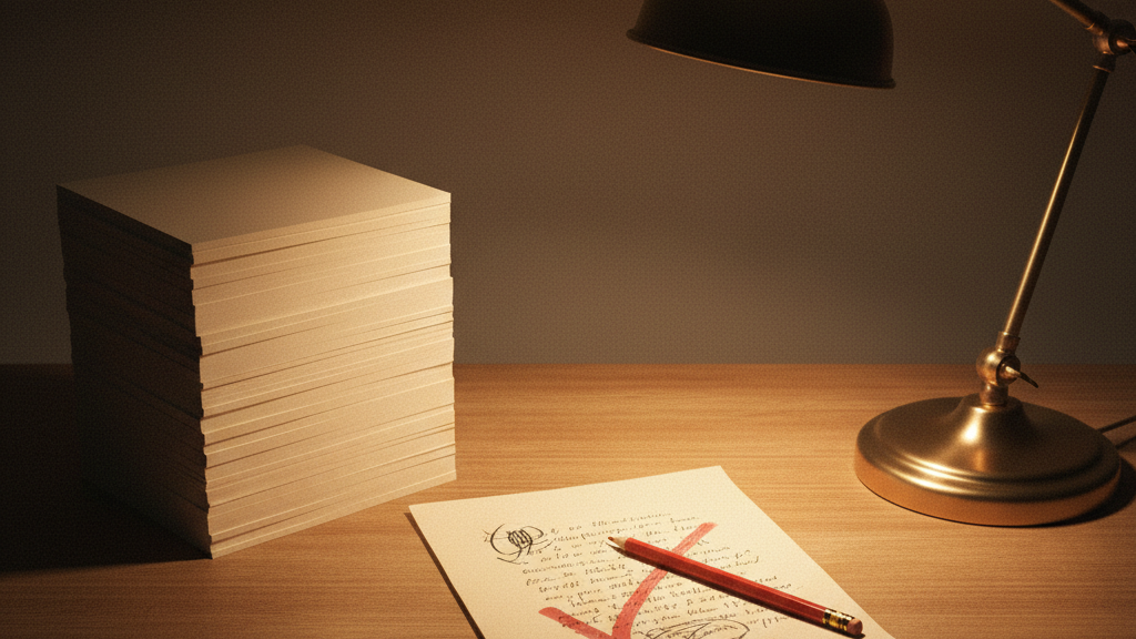 A crisp stack of identical printed sheets beside one imperfect handwritten page.