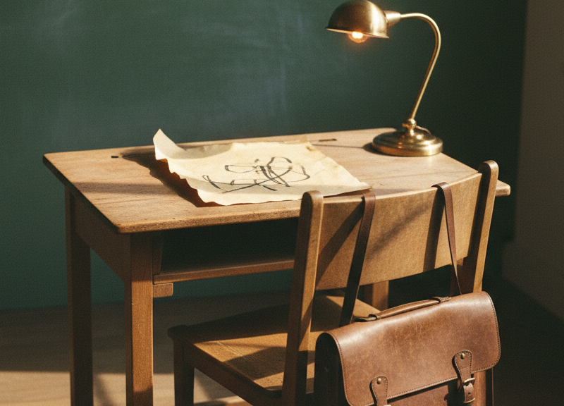 One empty wooden student desk-chair in a patch of warm late-afternoon window light.