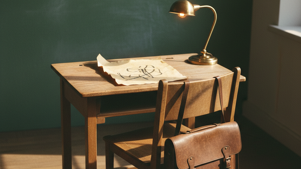One empty wooden student desk-chair in a patch of warm late-afternoon window light.