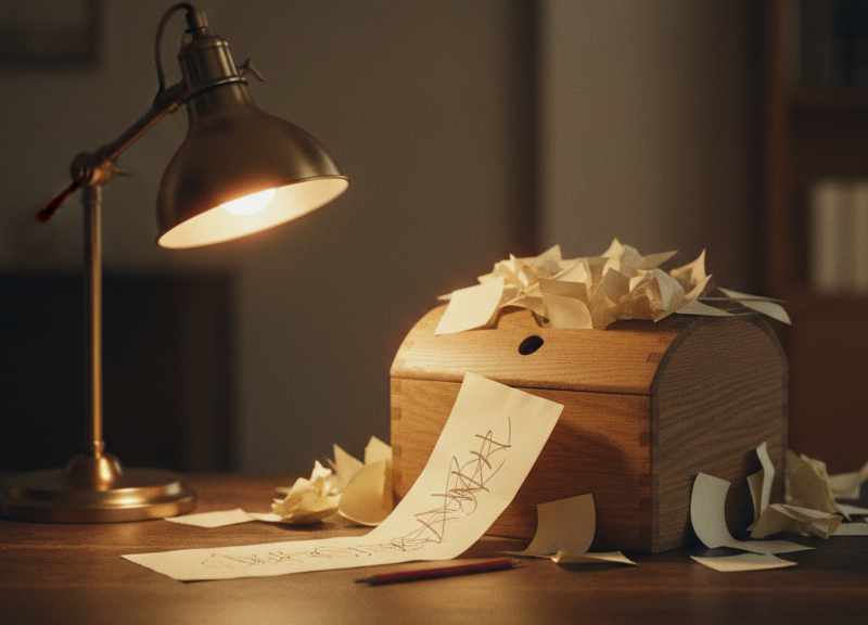 A wooden suggestion box overstuffed with folded paper slips.