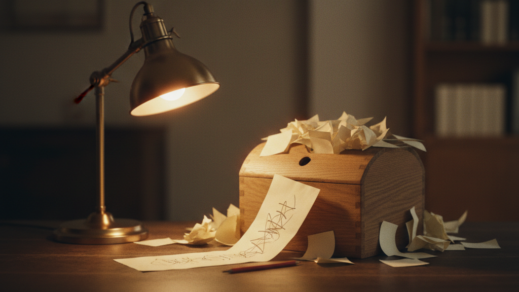 A wooden suggestion box overstuffed with folded paper slips.
