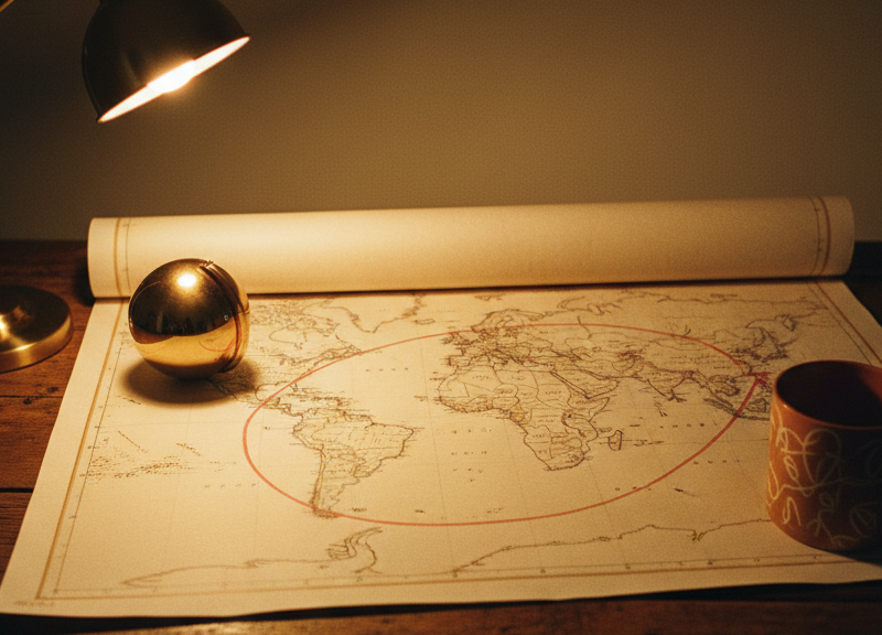 A rolled paper world map partially open on a desk.