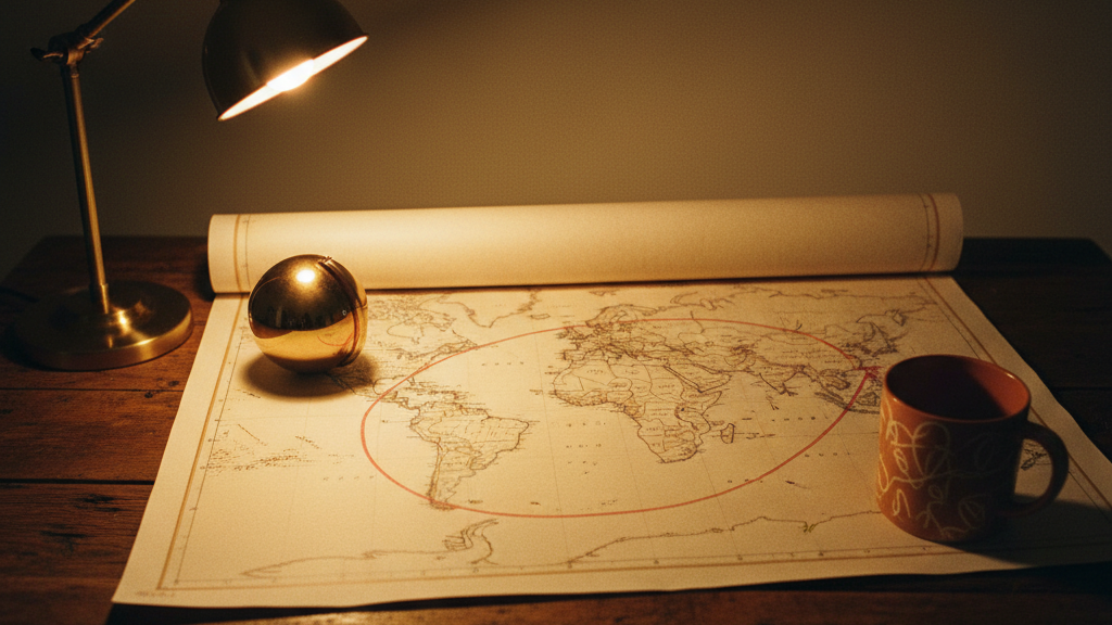 A rolled paper world map partially open on a desk.