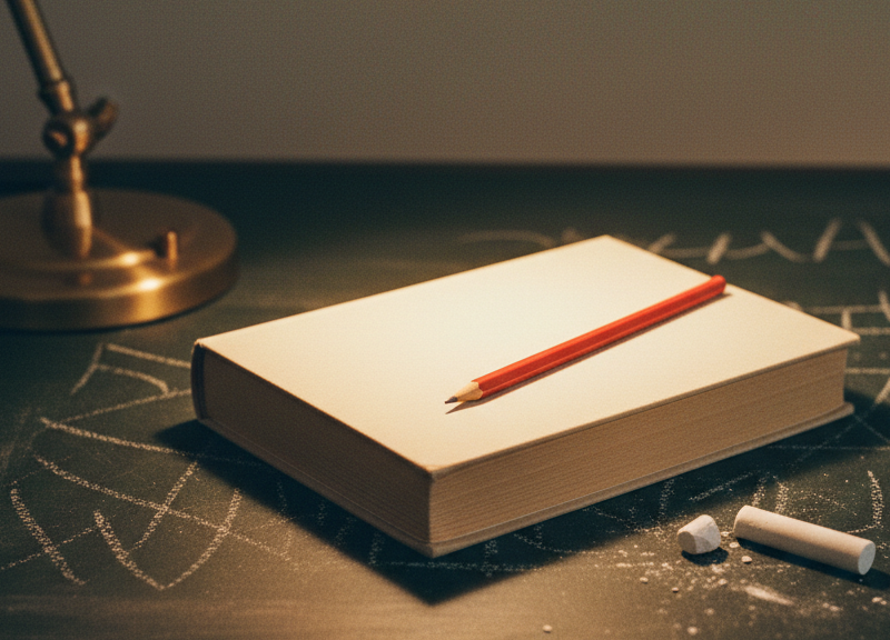 A closed ivory hardcover book on a chalkboard-green-black surface.
