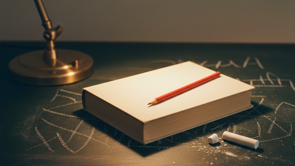 A closed ivory hardcover book on a chalkboard-green-black surface.