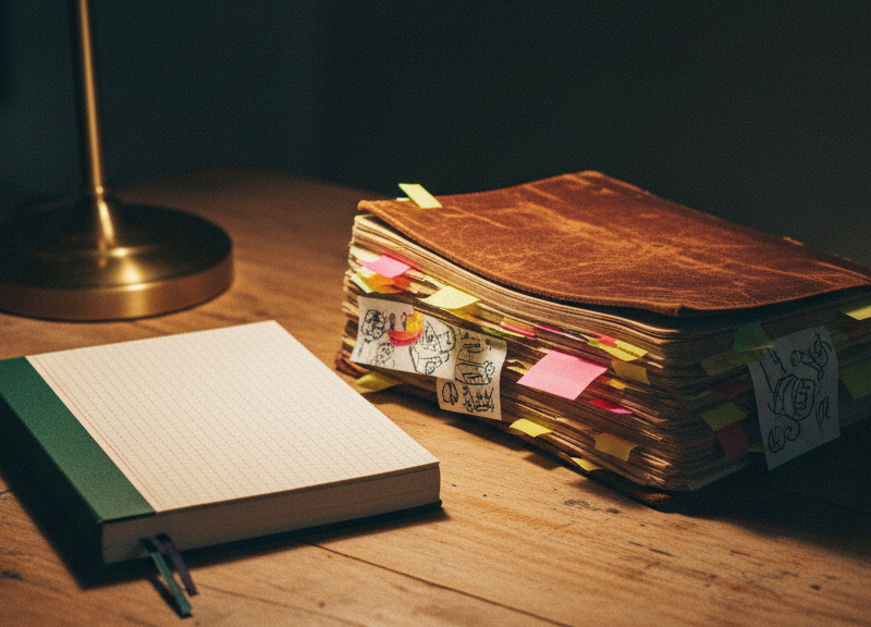 Two notebooks side by side under lamplight: one crisp with ruled grid pages and sharp corners.