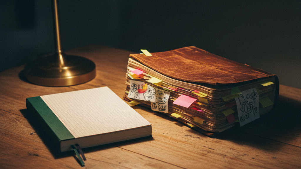 Two notebooks side by side under lamplight: one crisp with ruled grid pages and sharp corners.