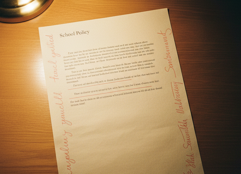 A printed school policy page annotated in red pencil from both margins in two different hands.