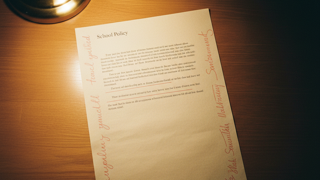 A printed school policy page annotated in red pencil from both margins in two different hands.