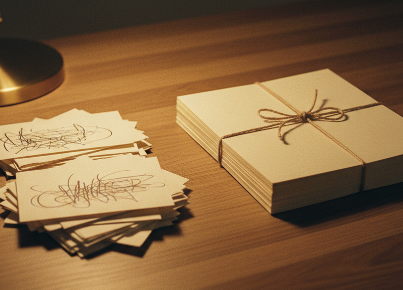 Two stacks of paper side by side on a wooden desk: on the left a loose.