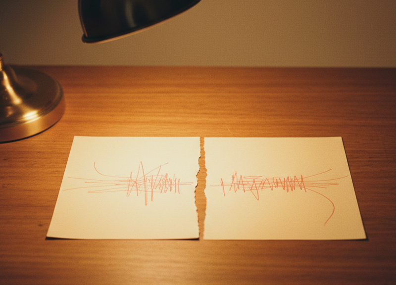 A single printed page torn cleanly in half on a desk.