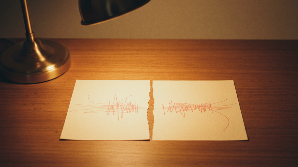 A single printed page torn cleanly in half on a desk.